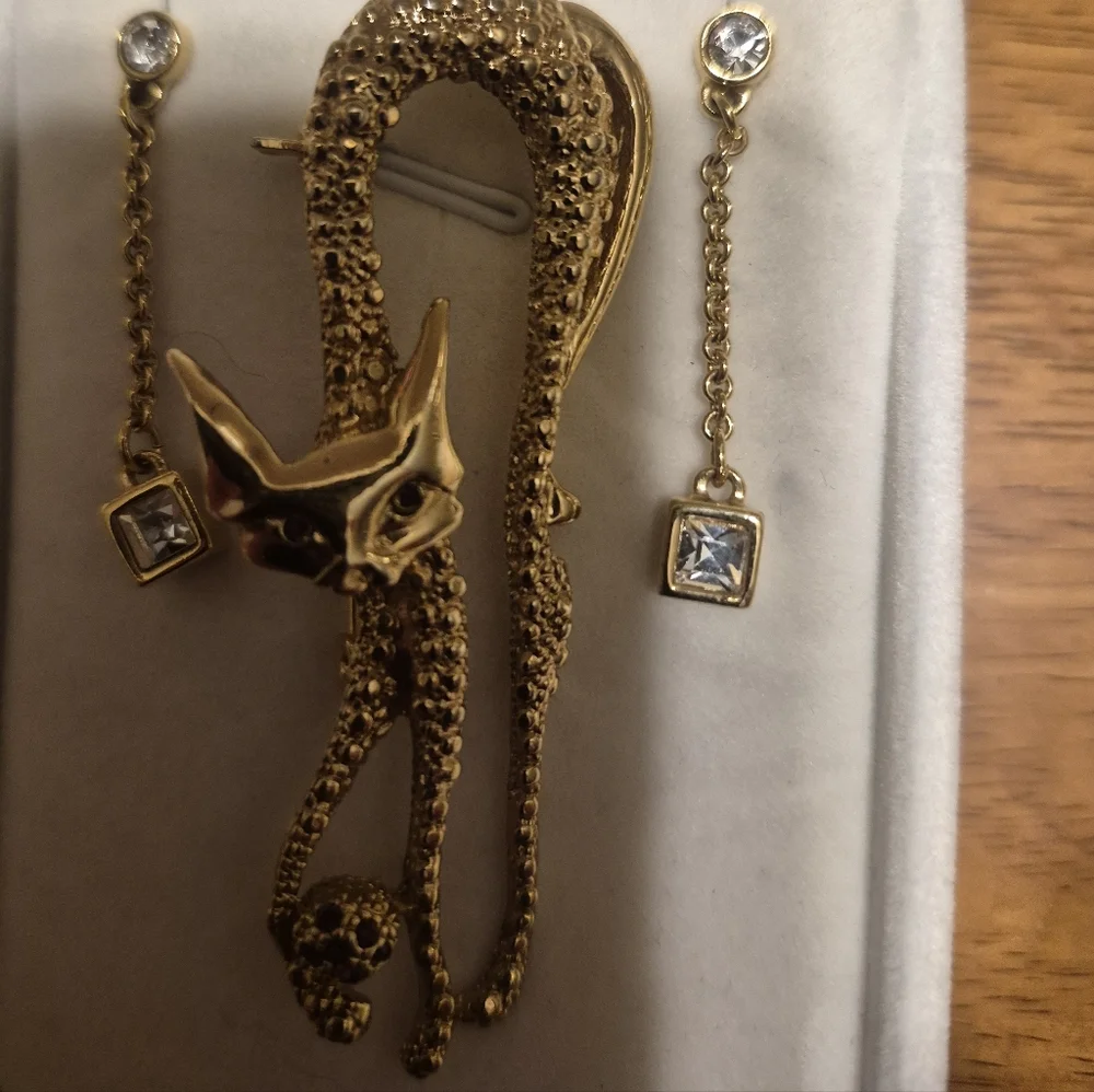 Givenchy Gold Cat Brooch with Dangle Crystal Earrings - Picture 5 of 5